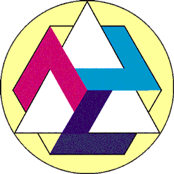 Voorstel nieuw MetaMagazine symbool (gekleurd): cirkel, driehoek en kubus ineen.